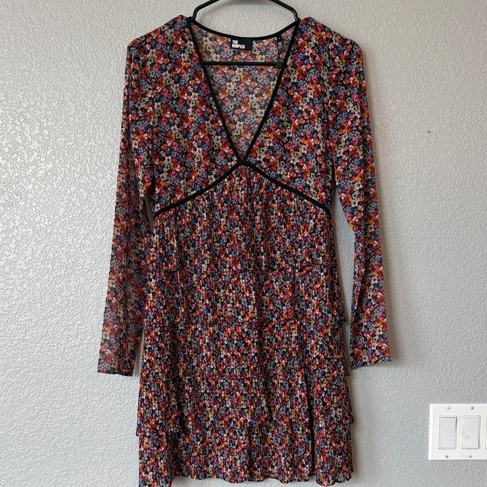 The Kooples Black Multicolor Floral Long Sleeve Dress- shear top & tiered bottom